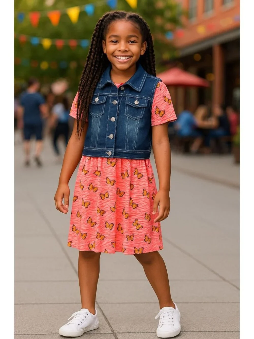 Limited Too Girls Size XL (12) Dress Denim Vest 2-Piece Set Girls Butterfly Pink